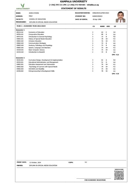 Kampala University statement of results Word and PDF template Kampala University statement of results Word and PDF template