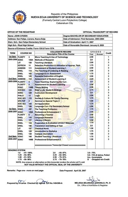 Philippines Nueva Ecija University of Science and Technology official transcript of record Word and PDF template Philippines Nueva Ecija University of Science and Technology official transcript of record Word and PDF template