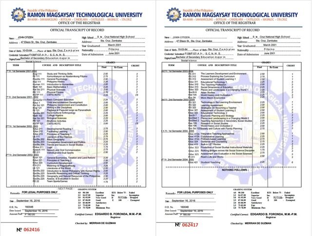 Philippines Ramon Magsaysay Technological University official transcript of record Word and PDF template, 2 pages Philippines Ramon Magsaysay Technological University official transcript of record Word and PDF template, 2 pages