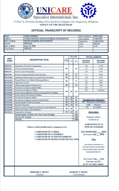 Philippines Unicare Specialist International official transcript of records Word and PDF template Philippines Unicare Specialist International official transcript of records Word and PDF template