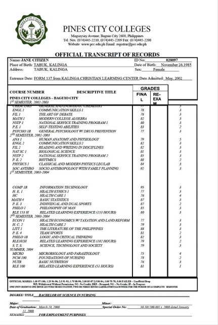 Pines City Colleges official transcript of records Word and PDF template Pines City Colleges official transcript of records Word and PDF template