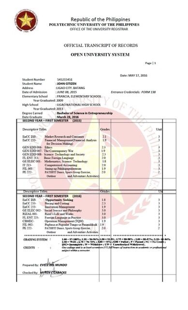 Polytechnic University of the Philippines official transcript of records Word and PDF template Polytechnic University of the Philippines official transcript of records Word and PDF template
