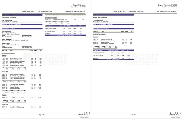 Regent University transcript Word and PDF template, 2 pages Regent University transcript Word and PDF template, 2 pages