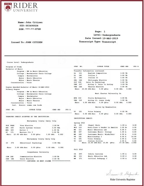 Rider University transcript Word and PDF template Rider University transcript Word and PDF template