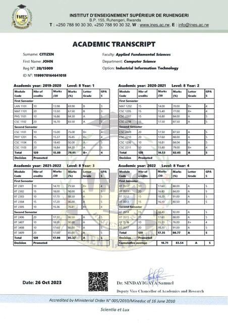 Rwanda INES-Ruhengeri academic transcript Word and PDF template Rwanda INES-Ruhengeri academic transcript Word and PDF template
