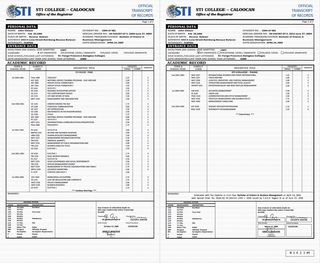 STI College Caloocan official transcript of records Word and PDF template, 2 pages STI College Caloocan official transcript of records Word and PDF template, 2 pages