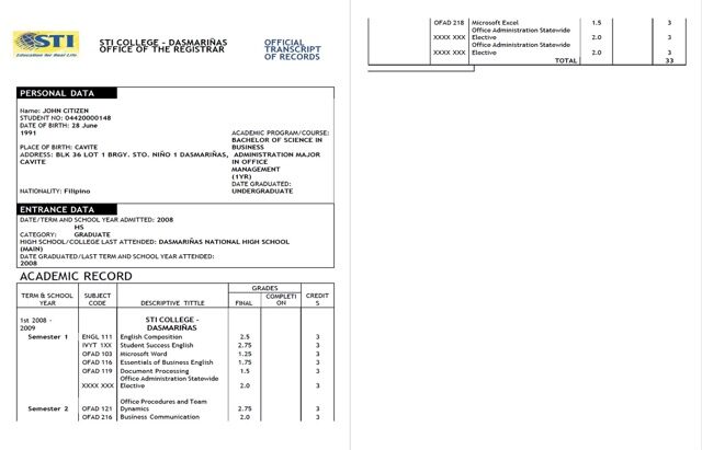 STI College Dasmariñas official transcript of records Word and PDF template, 2 pages STI College Dasmariñas official transcript of records Word and PDF template, 2 pages