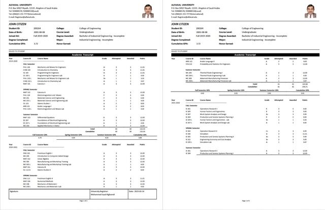 Saudi Arabia Alfaisal University academic transcript Word and PDF template, 2 pages Saudi Arabia Alfaisal University academic transcript Word and PDF template, 2 pages
