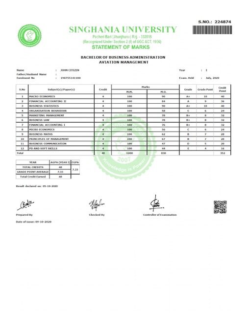 Singhania University statement of marks Word and PDF template Singhania University statement of marks Word and PDF template