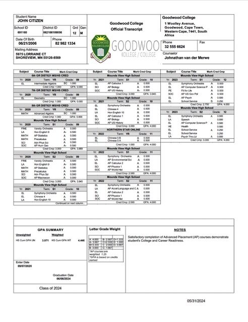South Africa Goodwood College official transcript Word and PDF template South Africa Goodwood College official transcript Word and PDF template