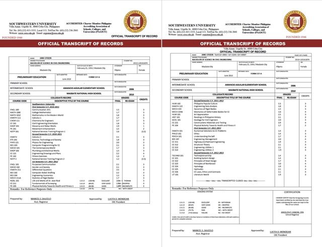 Southwestern University official transcript of record Word and PDF template, 2 pages Southwestern University official transcript of record Word and PDF template, 2 pages