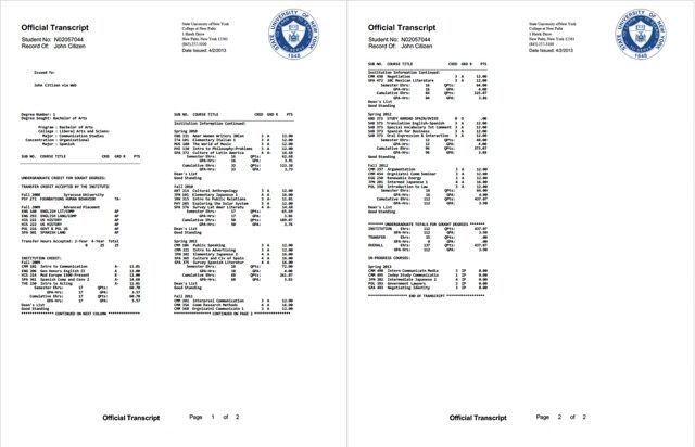 State University of New York official transcript Word and PDF template, 2 pages State University of New York official transcript Word and PDF template, 2 pages