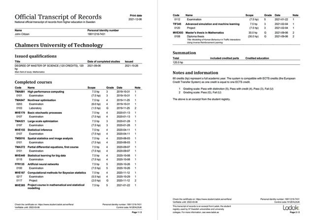 Sweden Chalmers University of Technology official transcript of records Word and PDF template, 2 pages Sweden Chalmers University of Technology official transcript of records Word and PDF template, 2 pages