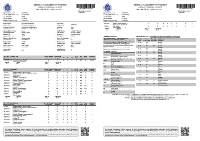 Tekirdağ Namık Kemal University transcript Word and PDF template, 2 pages Tekirdağ Namık Kemal University transcript Word and PDF template, 2 pages