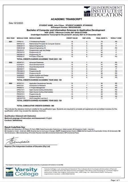 The Independent Institute of Education academic transcript Word and PDF template The Independent Institute of Education academic transcript Word and PDF template