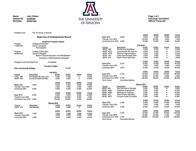 The University of Arizona official transcript Word and PDF template The University of Arizona official transcript Word and PDF template