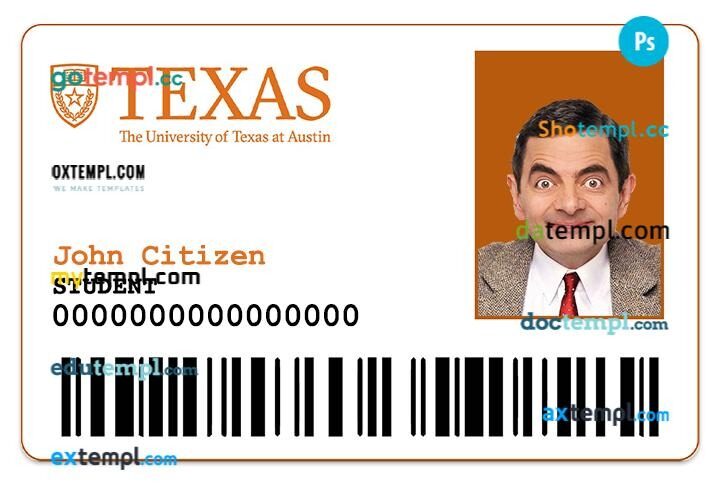 The University of Texas at Austin student ID template in PSD format The University of Texas at Austin student ID template in PSD format