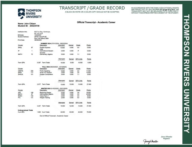 Thompson Rivers University official transcript Word and PDF template Thompson Rivers University official transcript Word and PDF template