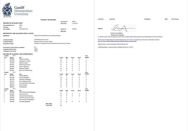 UK Cardiff Metropolitan University student transcript Word and PDF template, 2 pages UK Cardiff Metropolitan University student transcript Word and PDF template, 2 pages