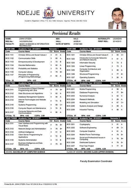Uganda Ndejje University provisional results Word and PDF template Uganda Ndejje University provisional results Word and PDF template
