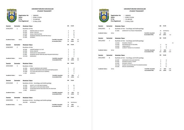 Universiti Brunei Darussalam student transcript Word and PDF template, 2 pages Universiti Brunei Darussalam student transcript Word and PDF template, 2 pages