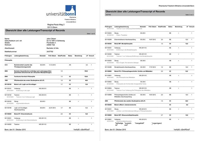 University of Bonn transcript of records Word and PDF template, 2 pages University of Bonn transcript of records Word and PDF template, 2 pages