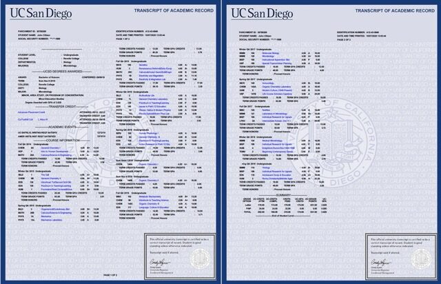 University of California San Diego transcript of academic record Word and PDF template, 2 pages University of California San Diego transcript of academic record Word and PDF template, 2 pages