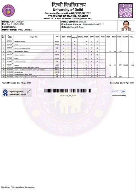 University of Delhi statement of marks/grades Word and PDF template, version 2 University of Delhi statement of marks/grades Word and PDF template, version 2