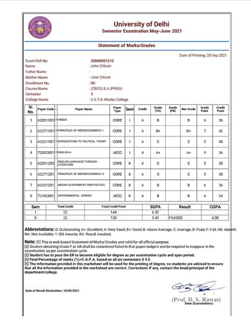 University of Delhi statement of marks/grades Word and PDF template University of Delhi statement of marks/grades Word and PDF template