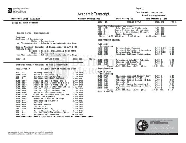University of Detroit Mercy academic transcript Word and PDF template University of Detroit Mercy academic transcript Word and PDF template
