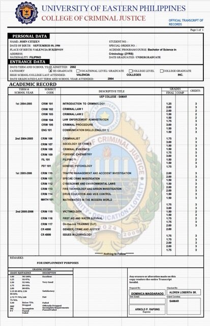 University of Eastern Philippines official transcript of records Word and PDF template University of Eastern Philippines official transcript of records Word and PDF template