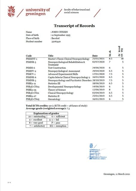 University of Groningen transcript of records Word and PDF template University of Groningen transcript of records Word and PDF template