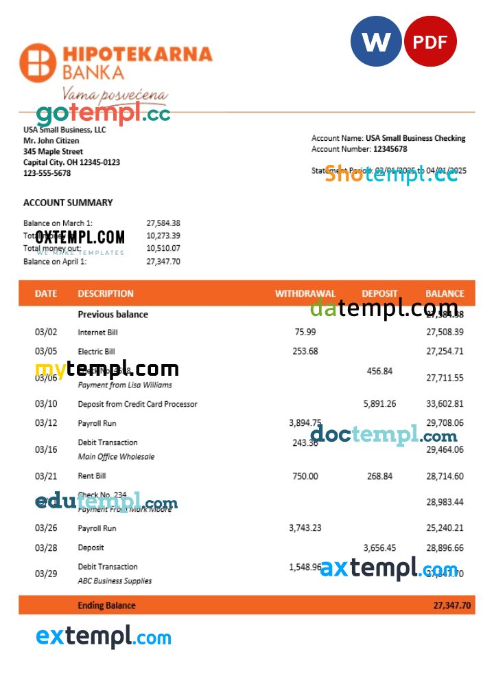 Addiko firm account statement Word and PDF template Addiko firm account statement Word and PDF template