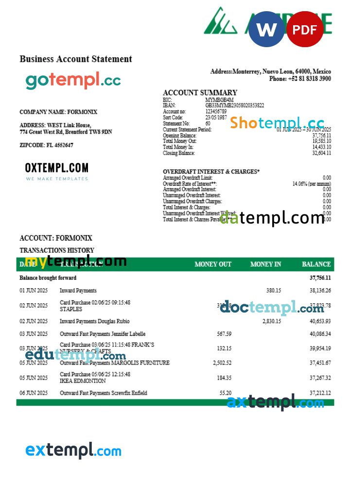 Afirme business account statement Word and PDF template Afirme business account statement Word and PDF template