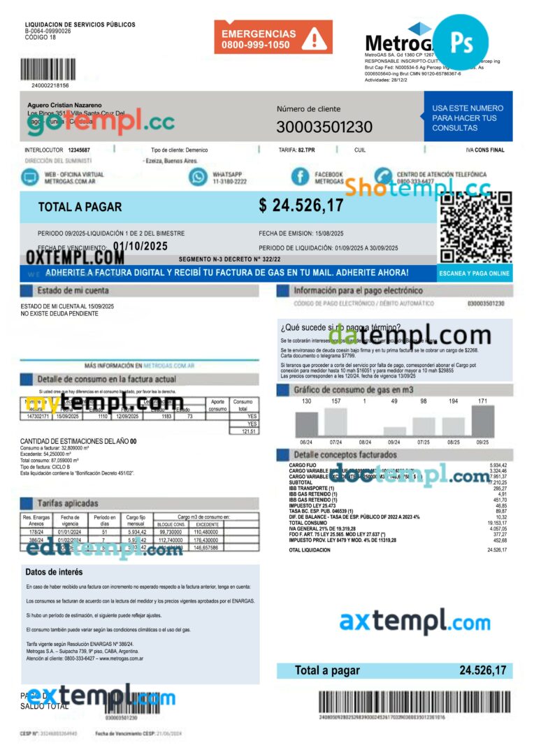 Argentina MetroGAS S.A. factura de gas utility bill template in PSD format Argentina MetroGAS S.A. factura de gas utility bill template in PSD format