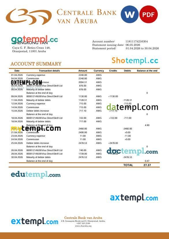 Aruba Centrale Bank van Aruba bank statement template in Word and PDF format Aruba Centrale Bank van Aruba bank statement template in Word and PDF format