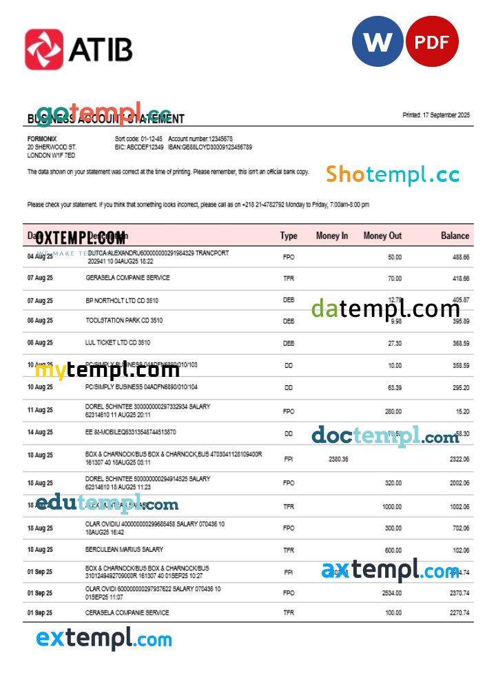 Assaray (ATIB)firm account statement Word and PDF template Assaray (ATIB)firm account statement Word and PDF template