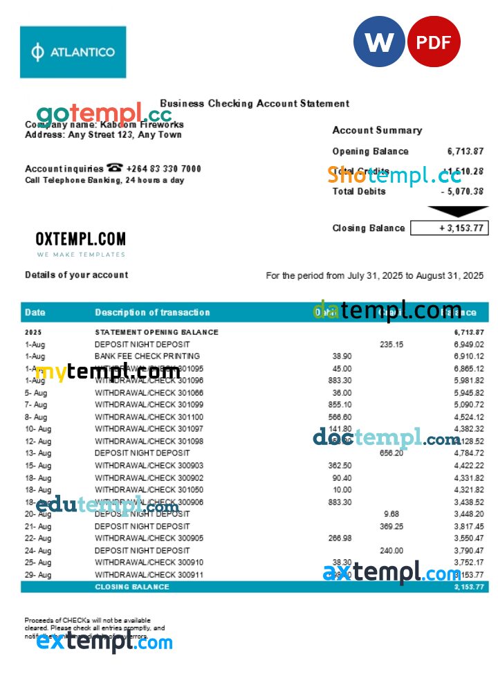 Atlantico business account statement Word and PDF template Atlantico business account statement Word and PDF template
