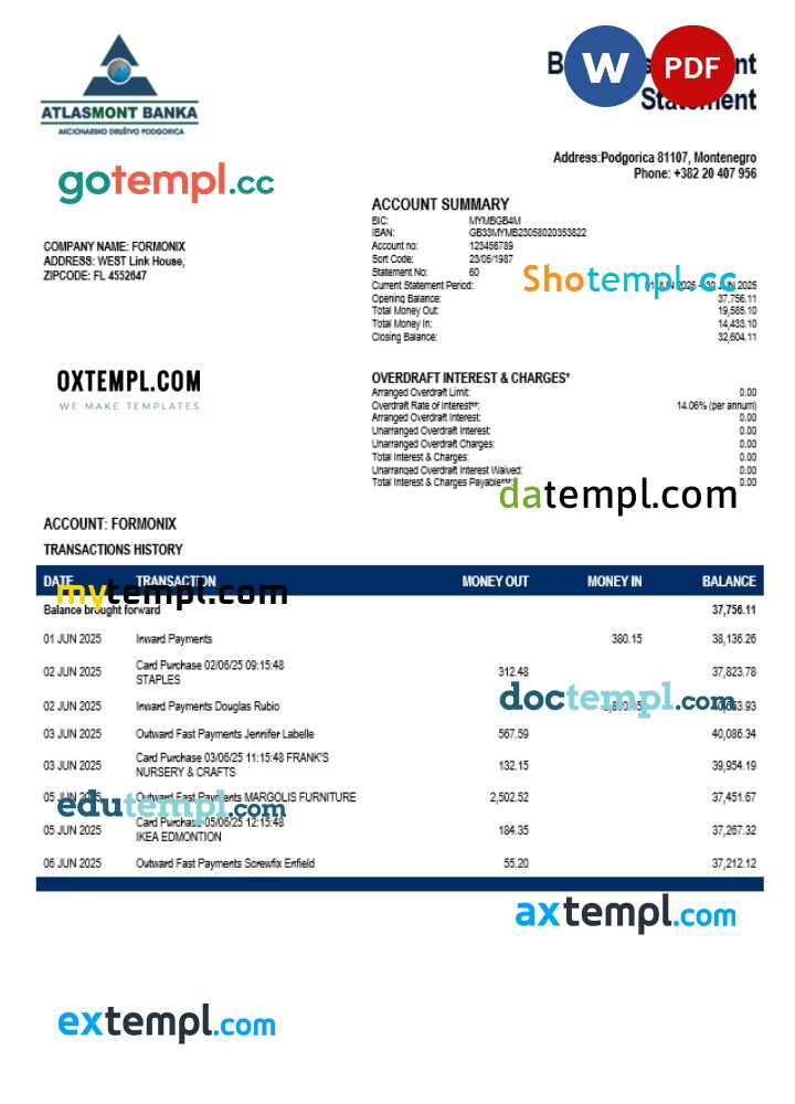 Atlasmont enterprise account statement Word and PDF template Atlasmont enterprise account statement Word and PDF template