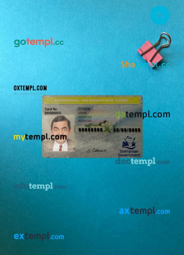 Australia Tasmania personal information card editable PSD files, scan look and photo-realistic look, 2 in 1 Australia Tasmania personal information card editable PSD files, scan look and photo-realistic look, 2 in 1