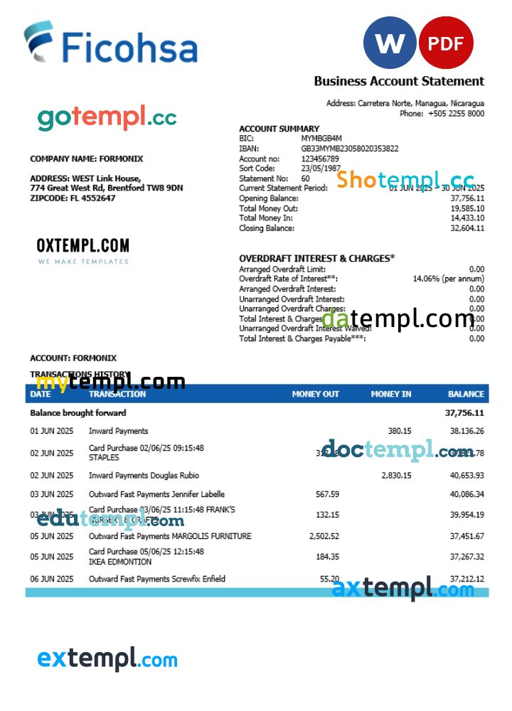 Banco Ficohsa business bank statement Word and PDF format Banco Ficohsa business bank statement Word and PDF format