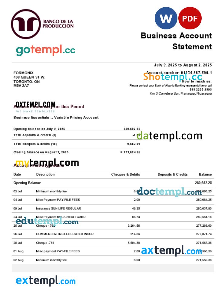 Banco de la Producción organization checking account statement Word and PDF template Banco de la Producción organization checking account statement Word and PDF template