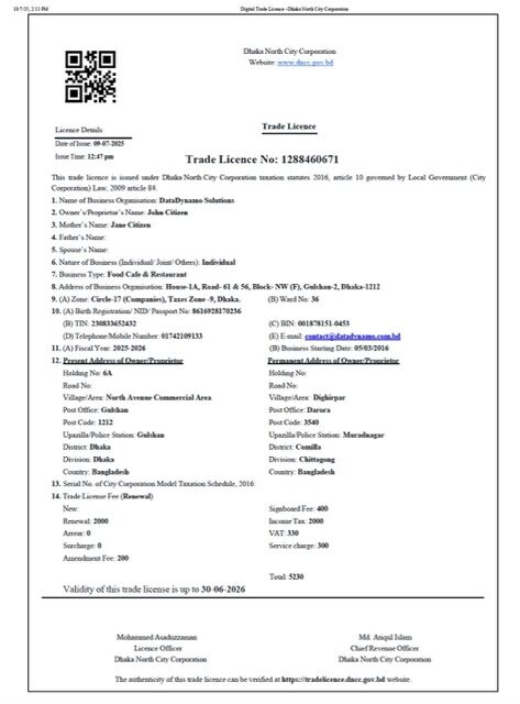 Bangladesh Dhaka North City Corporation digital trade license Word and PDF template Bangladesh Dhaka North City Corporation digital trade license Word and PDF template