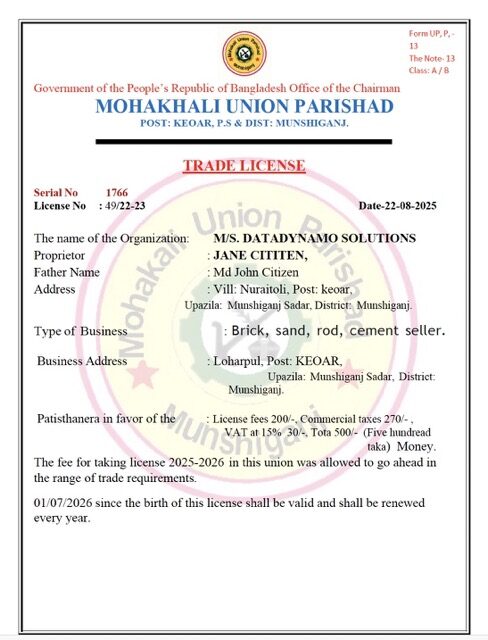 Bangladesh Mohakhali Union Parishad trade license Word and PDF template Bangladesh Mohakhali Union Parishad trade license Word and PDF template
