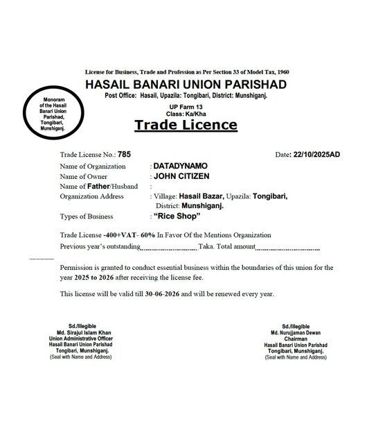 Bangladesh Munshiganj trade license Word and PDF template, version 2 Bangladesh Munshiganj trade license Word and PDF template, version 2