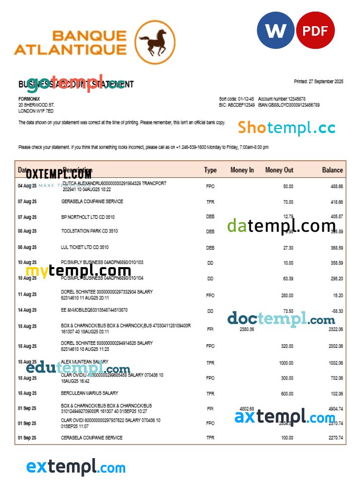 Banque Atlantique organization checking account statement Word and PDF template Banque Atlantique organization checking account statement Word and PDF template
