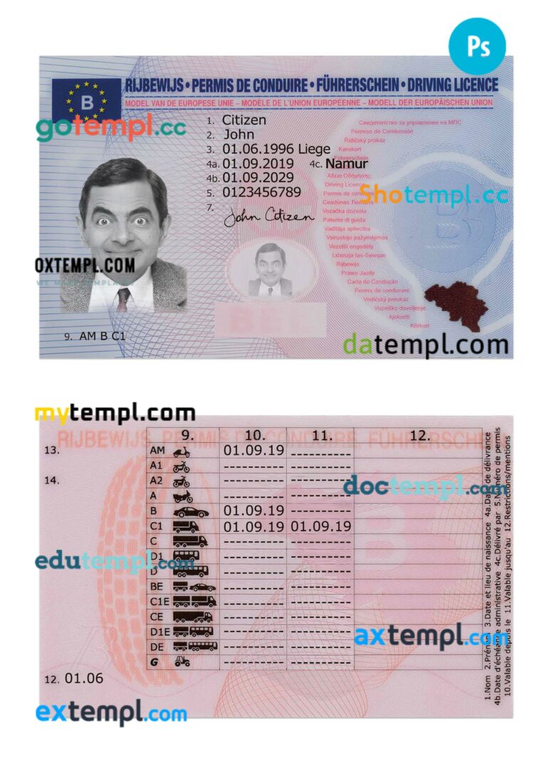 Belgium driving license PSD editable template, 2019-present Belgium driving license PSD editable template, 2019-present