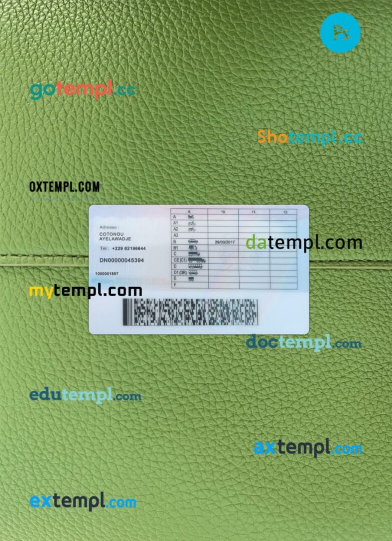 Benin driving license PSD files, scan look and photographed image, 2 in 1 Benin driving license PSD files, scan look and photographed image, 2 in 1 - Image 2