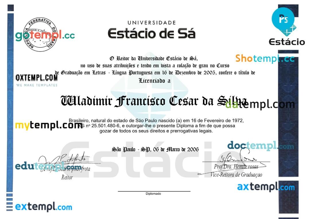 Brazil Estacio de sa universidade diploma template in PSD format Brazil Estacio de sa universidade diploma template in PSD format