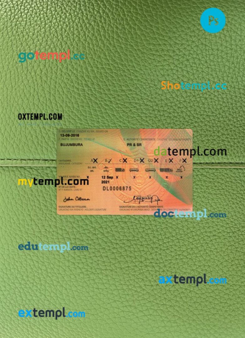 Burundi driving license PSD files, scan look and photographed image, 2 in 1 Burundi driving license PSD files, scan look and photographed image, 2 in 1 - Image 2